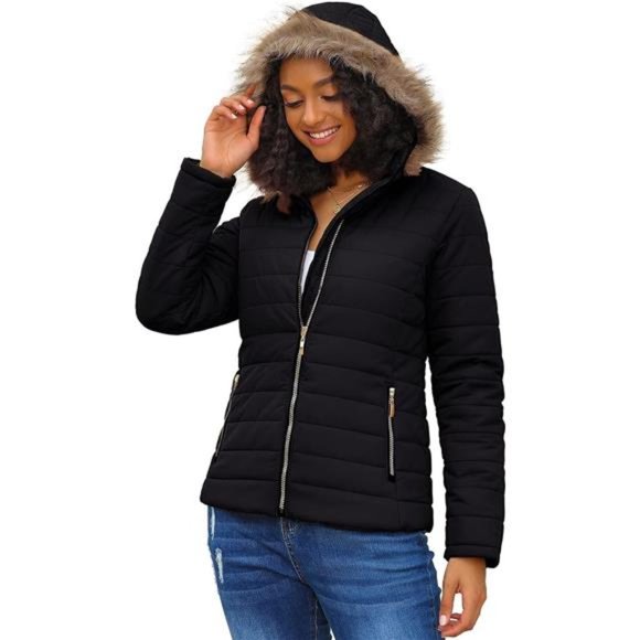 Women Casual Faux Fur Lapel Zip Pockets Quilted Parka Jacket Puffer Coat